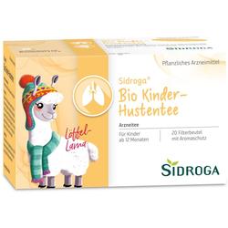Verpackung von Bio-Kinder-Hustentee mit gezeichnetem Lama im Schal und Mütze.