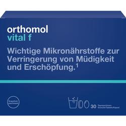 Blaue Verpackung von Orthomol Vital F mit Text über Mikronährstoffe gegen Müdigkeit.