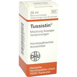 Weiße Schachtel mit der Aufschrift "Tussistin", ein homöopathisches Arzneimittel.