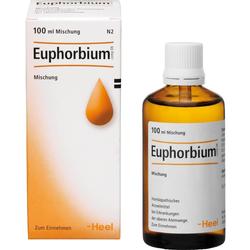 Braune Flasche und Karton mit der Aufschrift "Euphorbium Mischung".