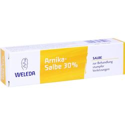 Gelbe Schachtel mit der Aufschrift "Arnika-Salbe 30%" und "WELEDA".