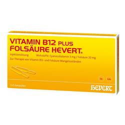 Gelbe Verpackung mit der Aufschrift "Vitamin B12 plus Folsäure Hevert".