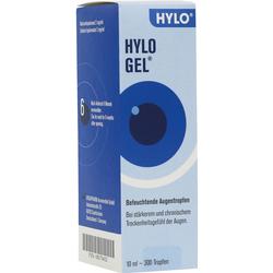 Eine blaue Verpackung von Hylo Gel Augentropfen für trockene Augen.
