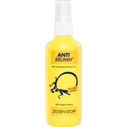 Gelbe Sprühflasche mit Aufschrift "Anti Brumm Zecken Stopp".