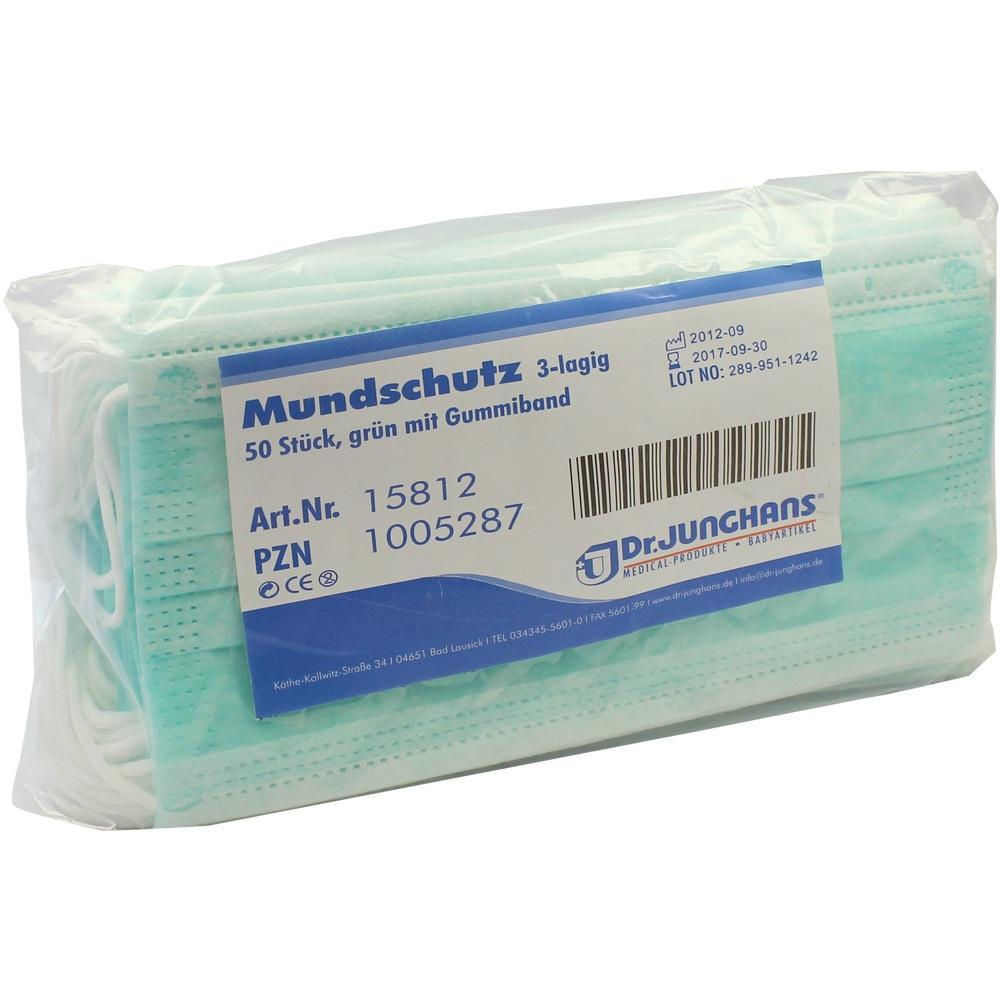 Eine Packung mit grünen, dreilagigen Mundschutzmasken.
