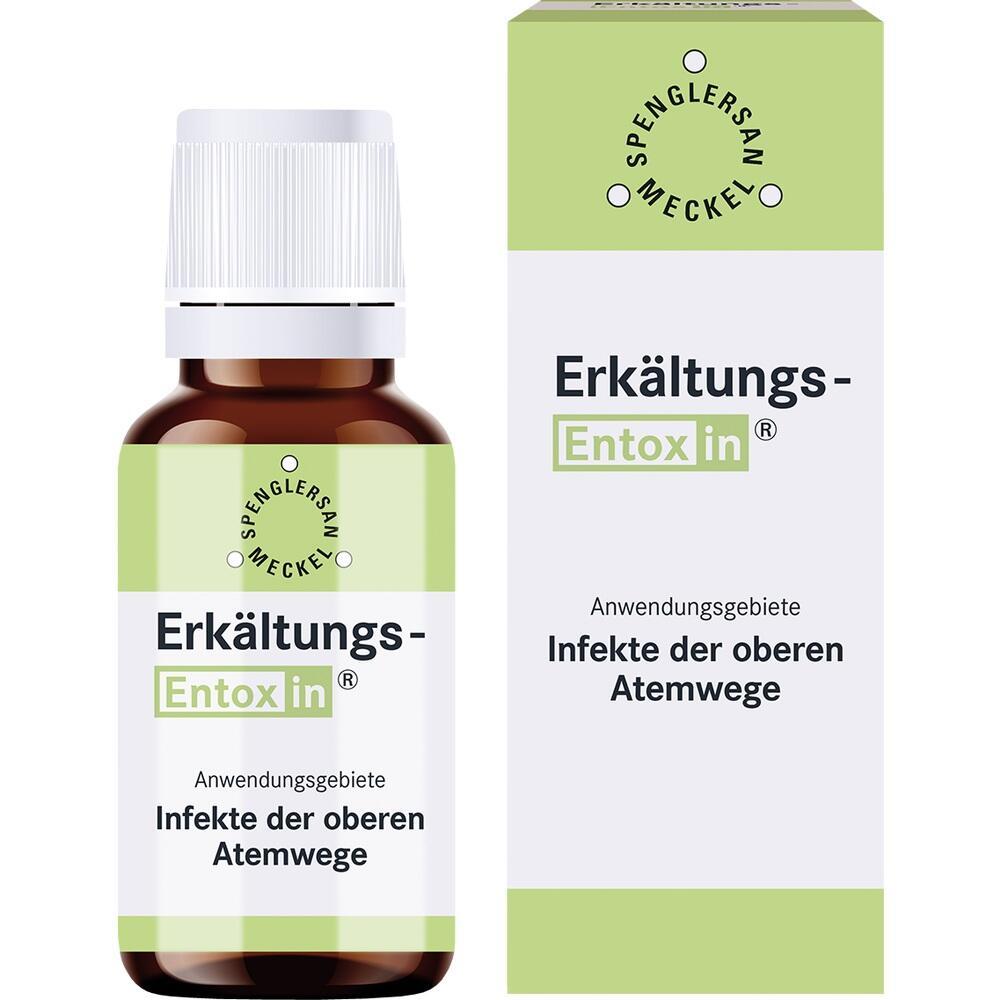Braunes Fläschchen und Verpackung von Erkältungsmittel gegen Atemwegsinfekte.