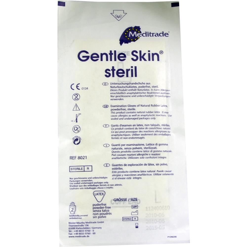 Verpackung eines sterilen Untersuchungshandschuhs aus Naturlatex von Meditrade.