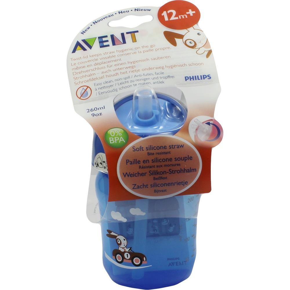 Eine blaue Philips Avent Trinkflasche mit Silikon-Strohhalm für Kinder ab 12 Monaten.