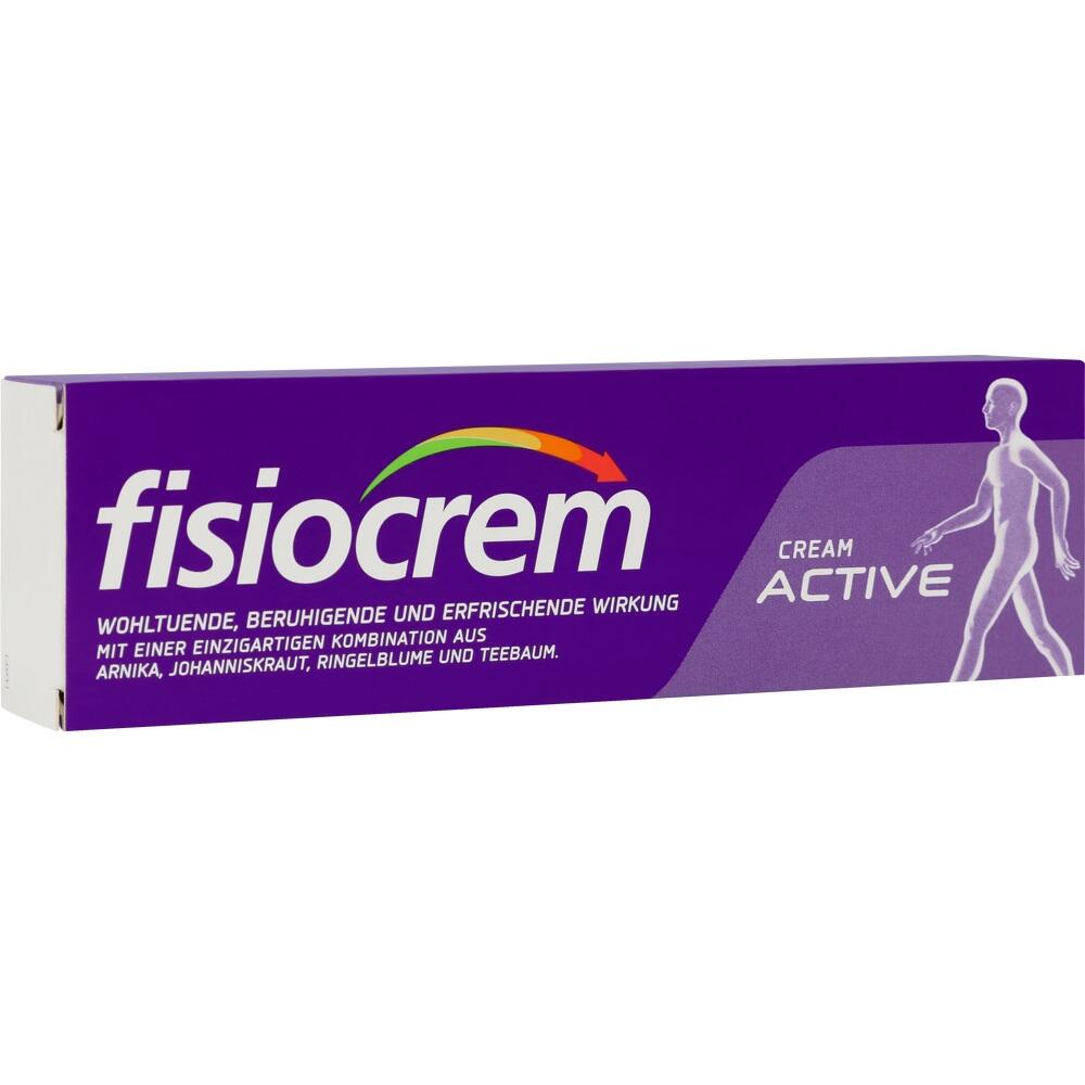 Lila Verpackung einer Schmerzcreme namens Fisiocrem Active mit weißer Schrift.
