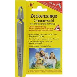 Gelbe Packung einer Zeckenzange mit Bild von Familie und Hund im Gras.