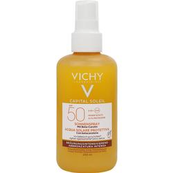 Gelbes Sonnenspray mit LSF 50 von Vichy in einer Flasche mit Sprühkopf.