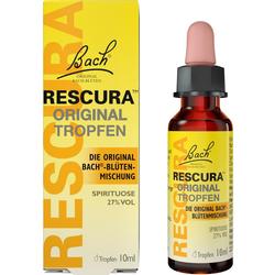 Gelbes Paket und braunes Fläschchen mit Bach-Rescura Original Tropfen.